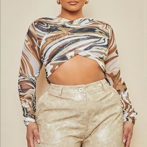 PLT Plus Chocolate Abstract Print Mesh Ruched Cross Over Bodysuit!